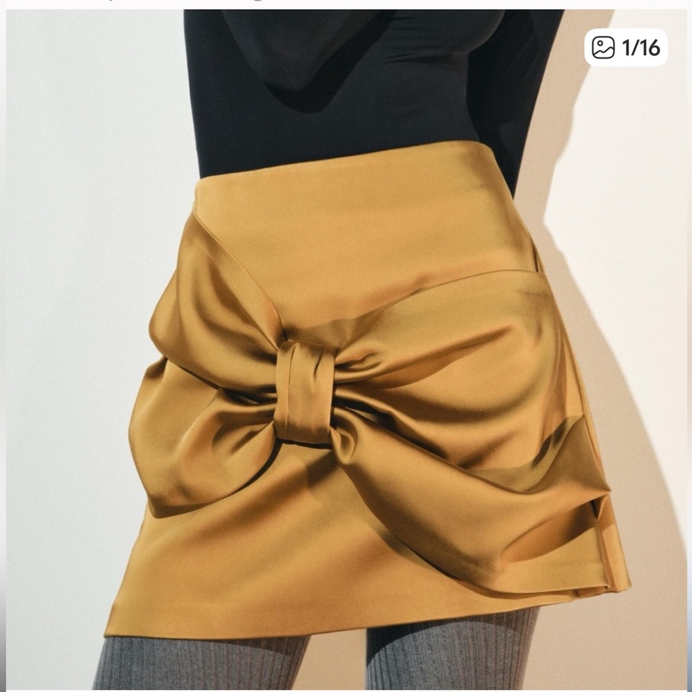 Zara Collection Women's Satin Mini Skirt with Oversized Bow in Yellow Gold